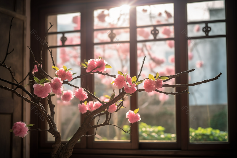 窗前粉色樱花树枝花艺拍摄,高清,摄影图,摄影图片,图片大全,摄影图免费下载